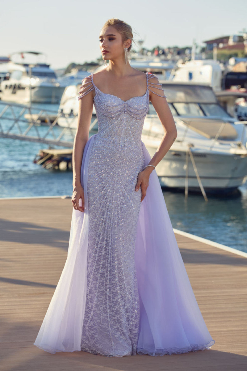 Ömür Inn Kadın İp Askılı Taş ve Boncuk İşlemeli Balık Form Abiye Elbise 6688 Leylak LEYLAK