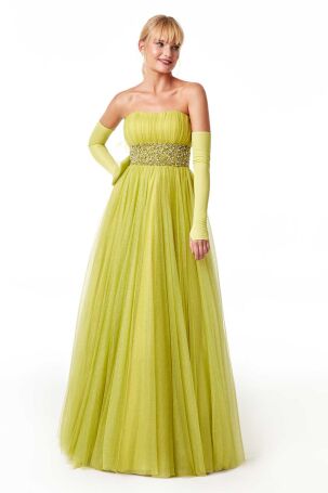 Ömür Inn Kadın Straplez Beli Taş Detaylı Uzun Abiye Elbise 23775 Fıstık Yeşili Fıstık Yeşili