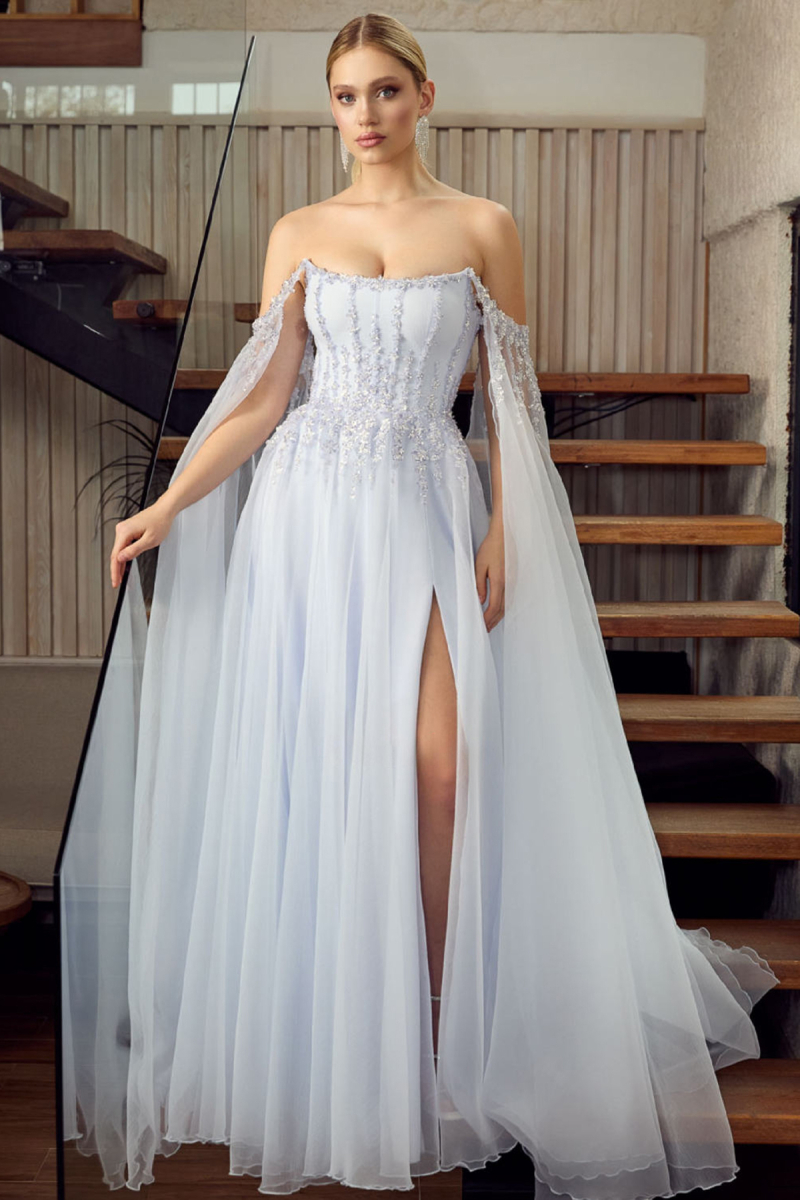 Ömür Inn Kadın Straplez Payet İşlemeli Kolları Pelerin Detaylı Uzun Abiye Elbise 5584 Buz Mavi Buz Mavi