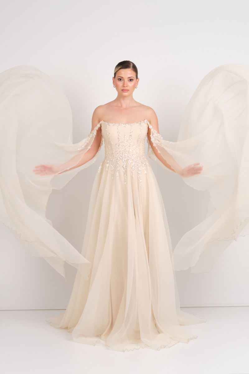 Ömür Inn Kadın Straplez Payet İşlemeli Kolları Pelerin Detaylı Uzun Abiye Elbise 5584 Şampanya Şampanya