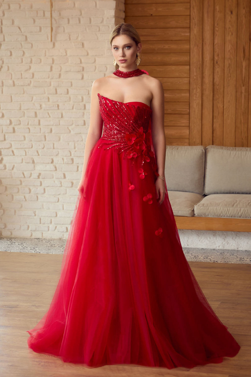 Ömür Inn Kadın Straplez Payet İşlemeli Uzun Abiye Elbise 6694 Kırmızı Kırmızı