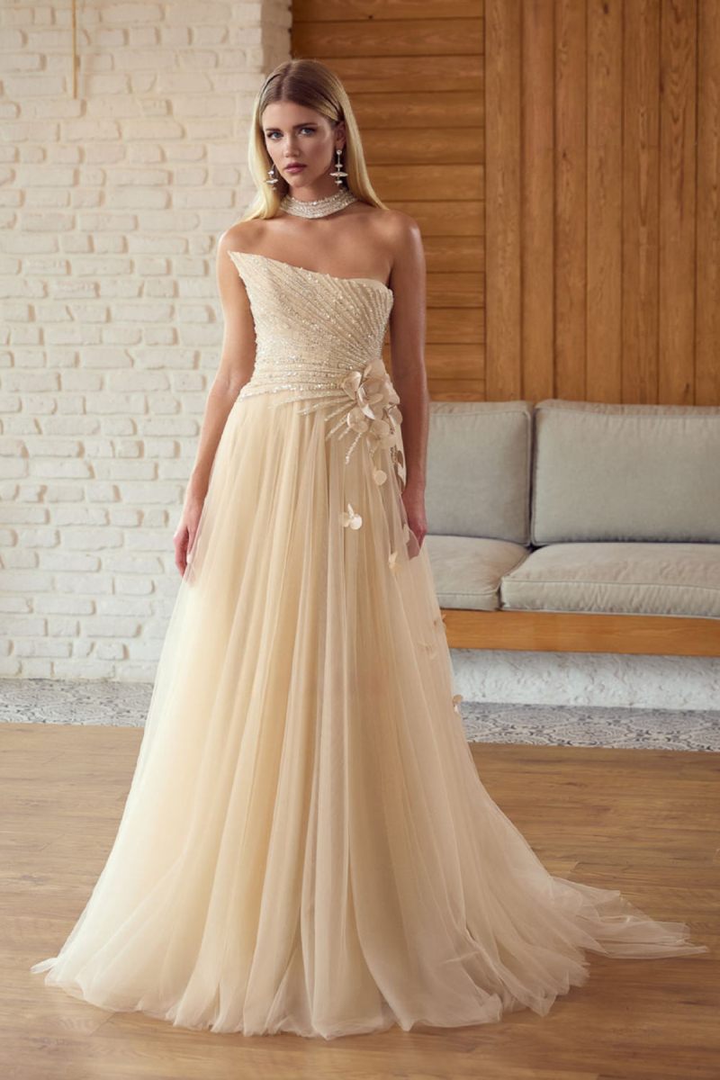 Ömür Inn Kadın Straplez Payet İşlemeli Uzun Abiye Elbise 6694 Şampanya Şampanya