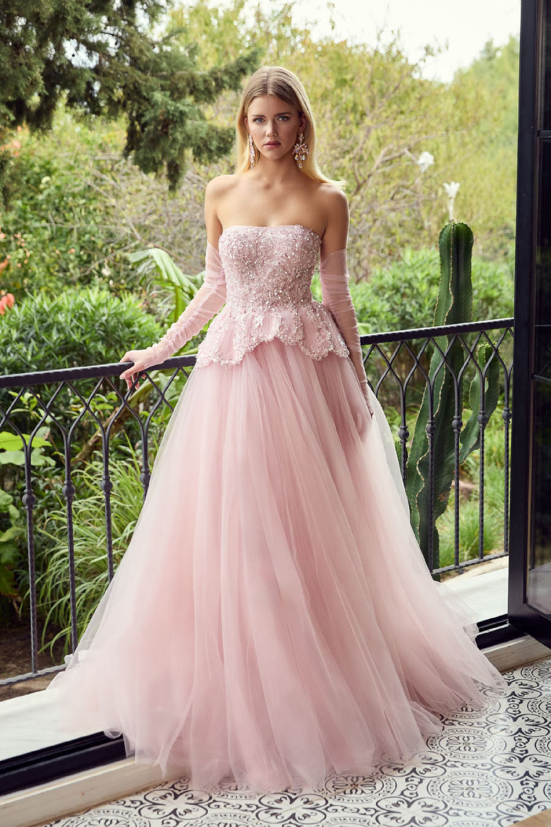 Ömür Inn Kadın Straplez Payet ve Taş İşlemeli Uzun Abiye Elbise 6748 Pudra Pudra