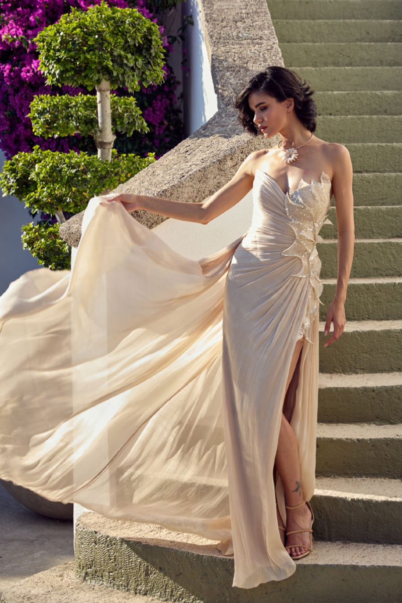 Ömür Inn Kadın Straplez Pul - Payet İşlemeli Uzun Abiye Elbise 6812 Şampanya Şampanya