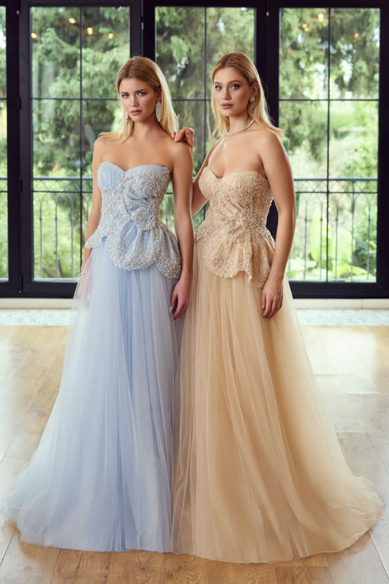 Ömür Inn Kadın Straplez Taş ve Boncuk İşlemeli Uzun Abiye Elbise 6702 Buz Mavi Buz Mavi