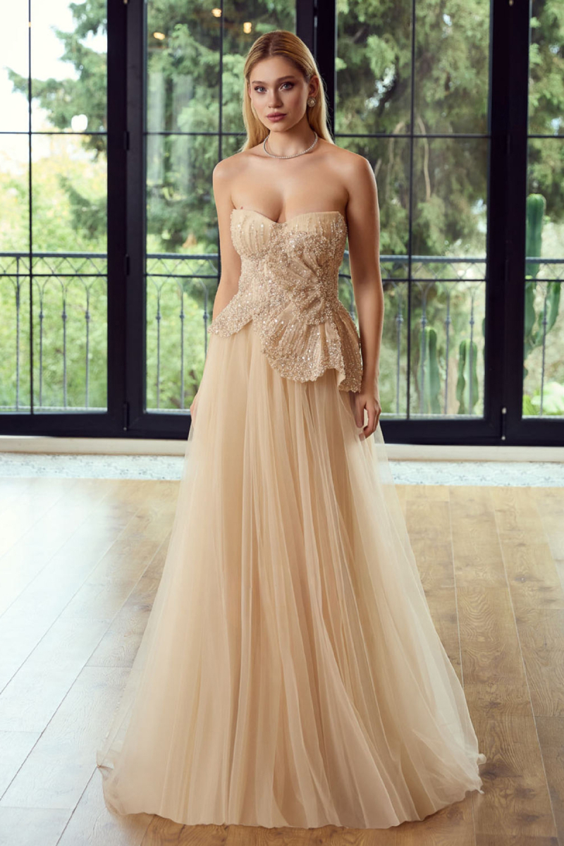 Ömür Inn Kadın Straplez Taş ve Boncuk İşlemeli Uzun Abiye Elbise 6702 Latte LATTE