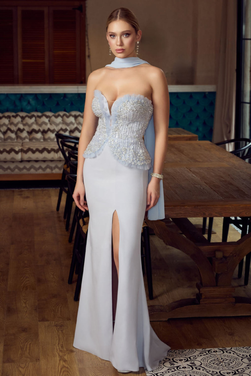 Ömür Inn Kadın Straplez Taş ve Payet İşlemeli Şal Detaylı Balık Form Abiye Elbise 6790 Buz Mavi Buz Mavi