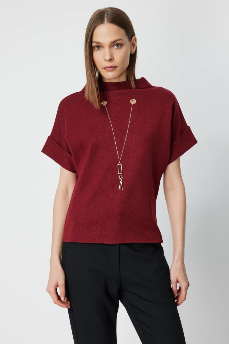On Kadın Aksesuar Detaylı Dik Yaka Triko Kazak 65340 Bordo Bordo