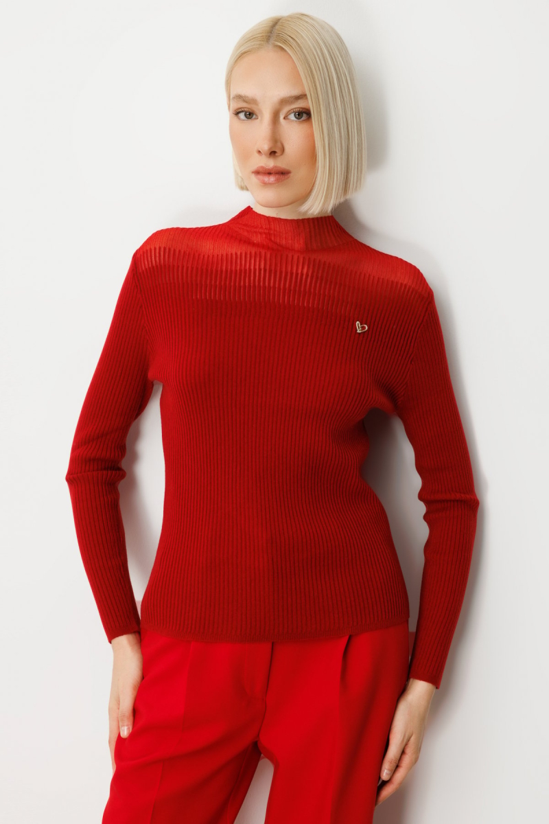 On Kadın Aksesuar Detaylı Triko Kazak 60346 Kırmızı Kırmızı