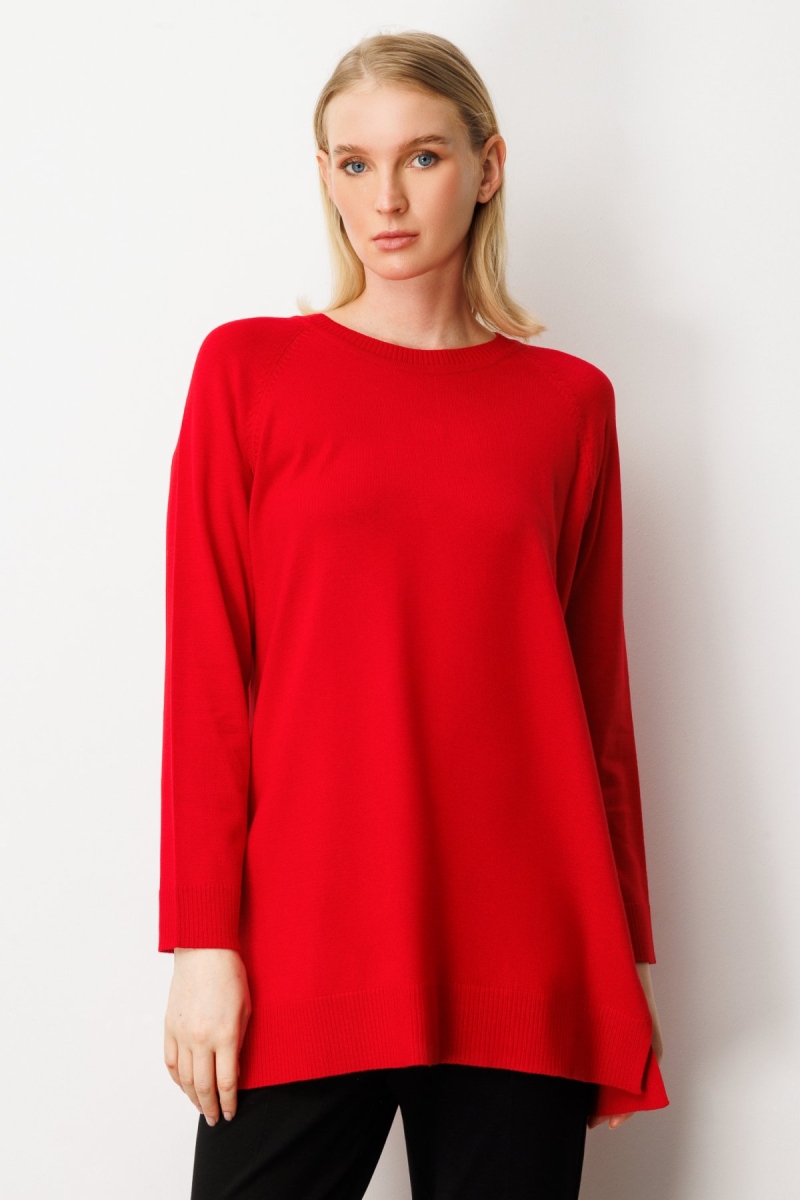 On Kadın Arkası Düğmeli Sıfır Yaka Kazak 65413 Kırmızı Kırmızı