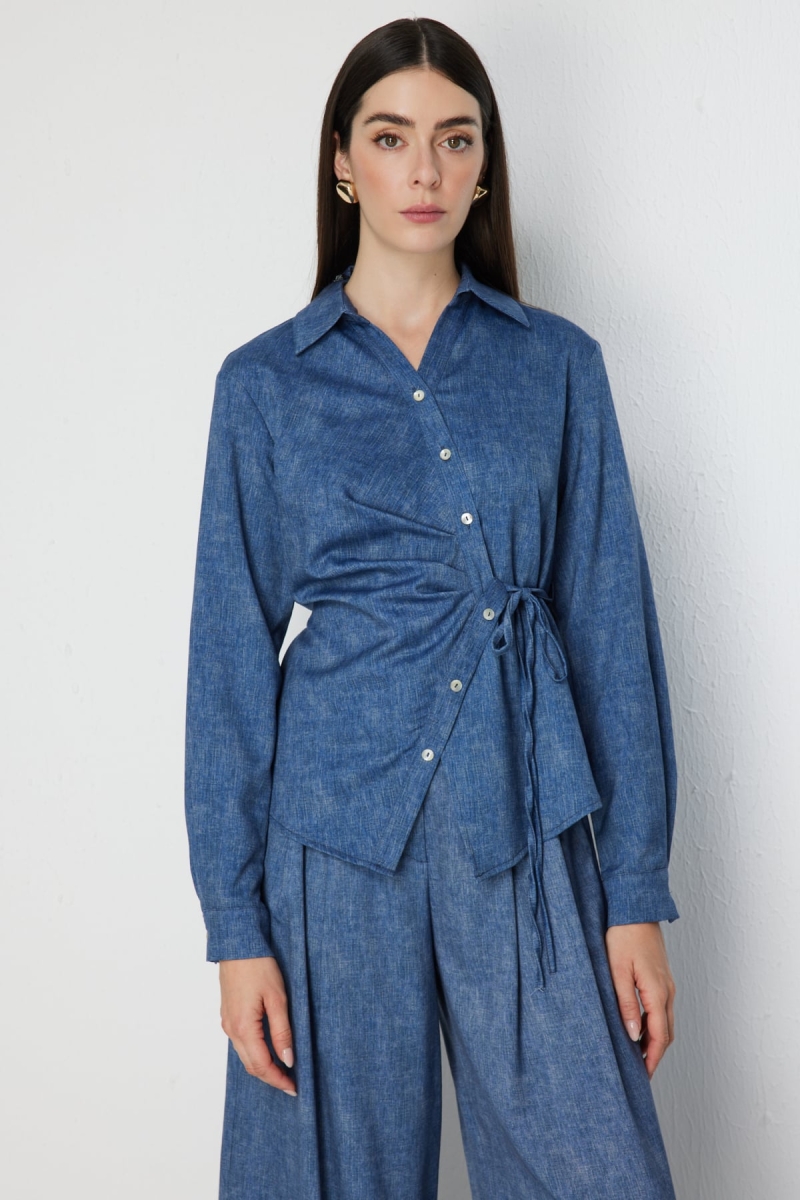 On Kadın Bağlamalı Kruvaze Kesim Gömlek 72345 Indigo Indigo