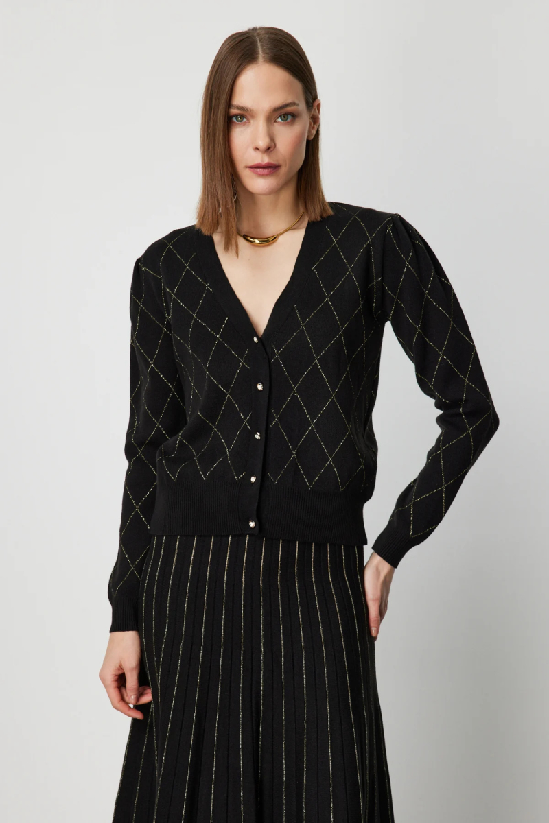 On Kadın Baklava Desenli V Yaka Hırka 63913 Siyah Siyah