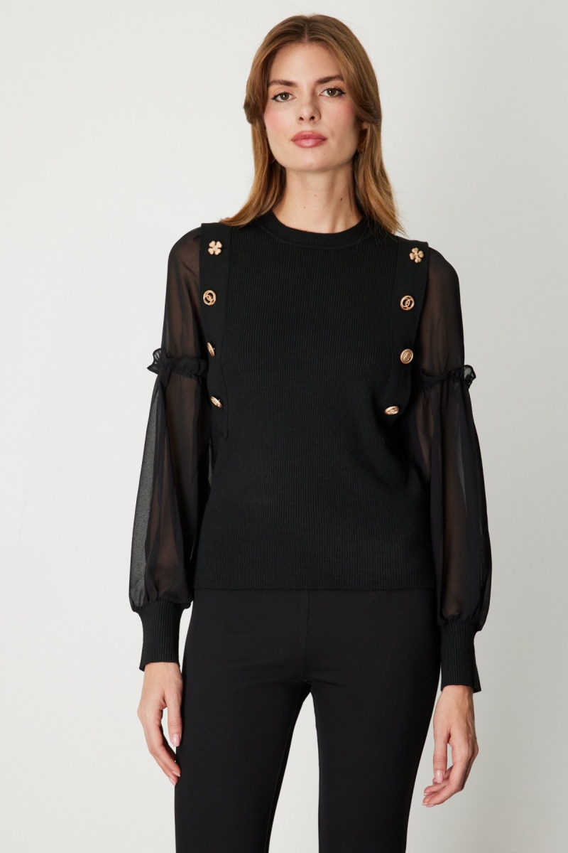 On Kadın Balon Kol Süs Düğmeli Triko Kazak 60416 Siyah Siyah