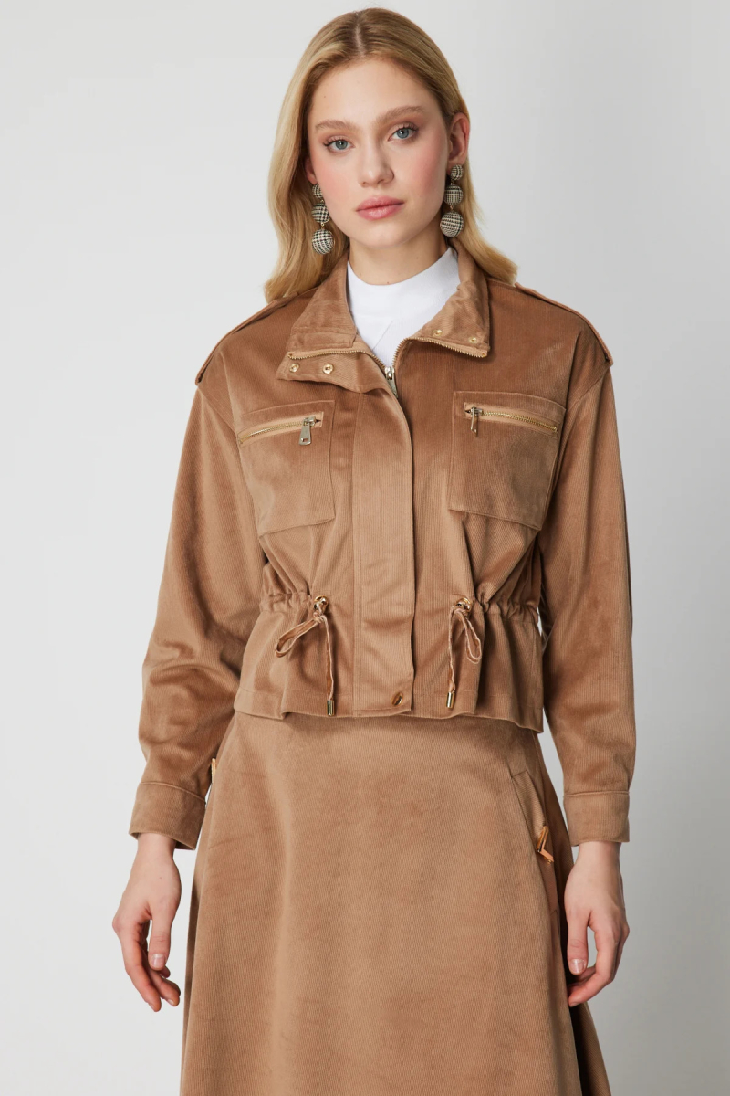 On Kadın Beli Büzgülü Dik Yaka Ceket 66532 Camel Camel