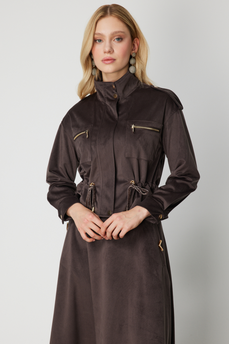 On Kadın Beli Büzgülü Dik Yaka Ceket 66532 Kahverengi Kahverengi