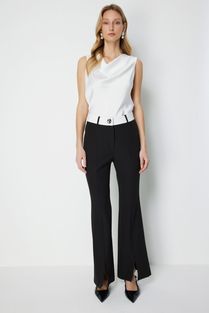 On Kadın Beli Çift Renkli Paçası Yırtmaçlı Pantolon 78108 Siyah Siyah