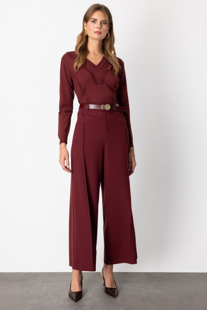 On Kadın Beli Kemerli Bol Paça Pantolon 64133 Bordo Bordo