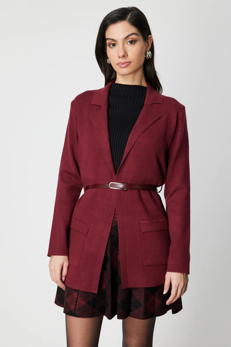 On Kadın Beli Kemerli Kapak Cepli Hırka 69907 Bordo Bordo