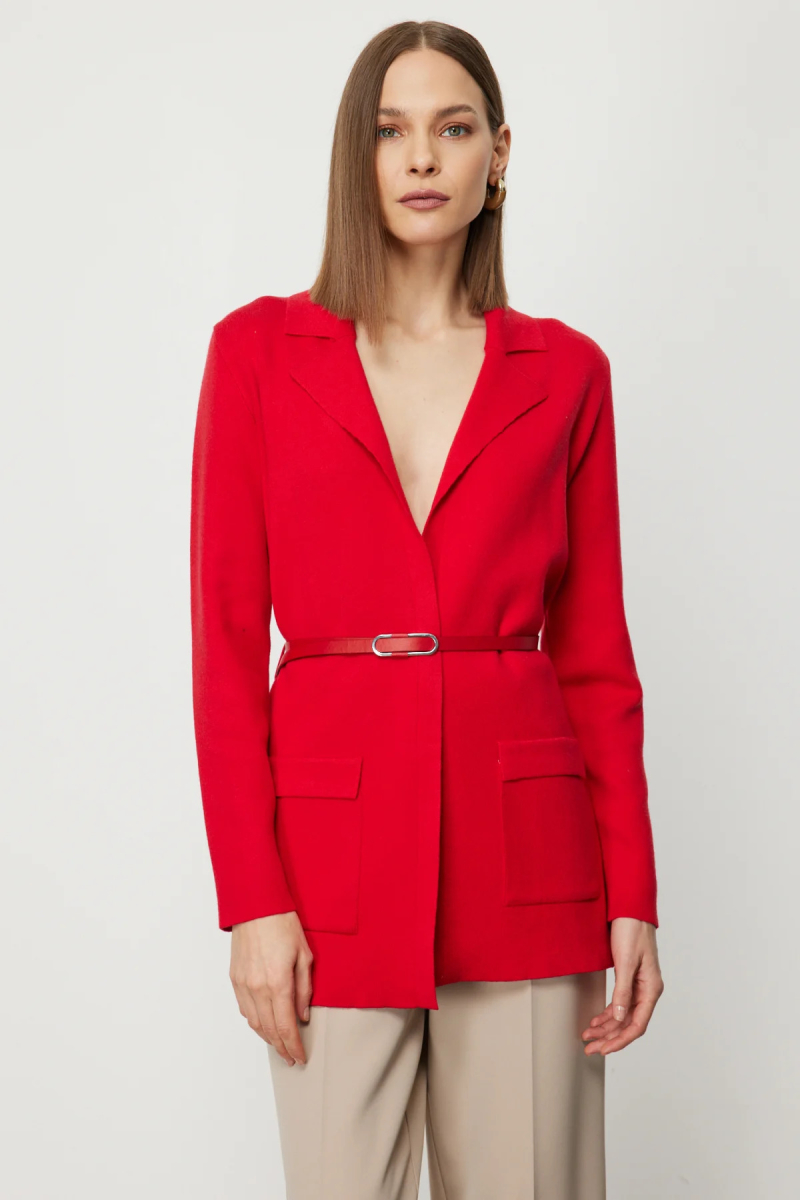 On Kadın Beli Kemerli Kapak Cepli Hırka 69907 Kırmızı Kırmızı