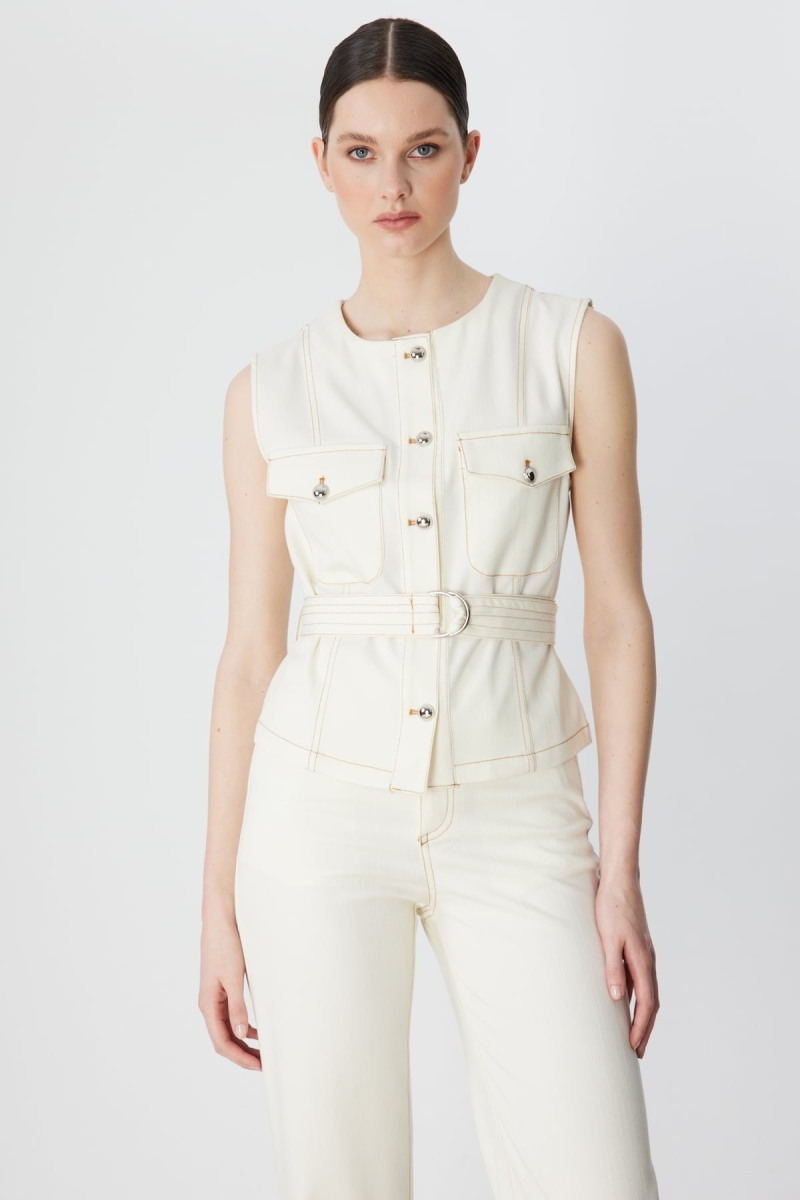 On Kadın Beli Kemerli Kapak Cepli Yelek 70903 Ekru Ekru
