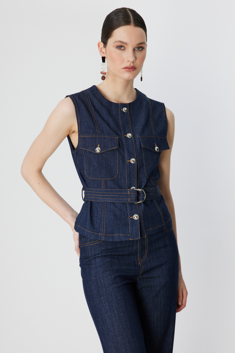 On Kadın Beli Kemerli Kapak Cepli Yelek 70903 Indigo Indigo