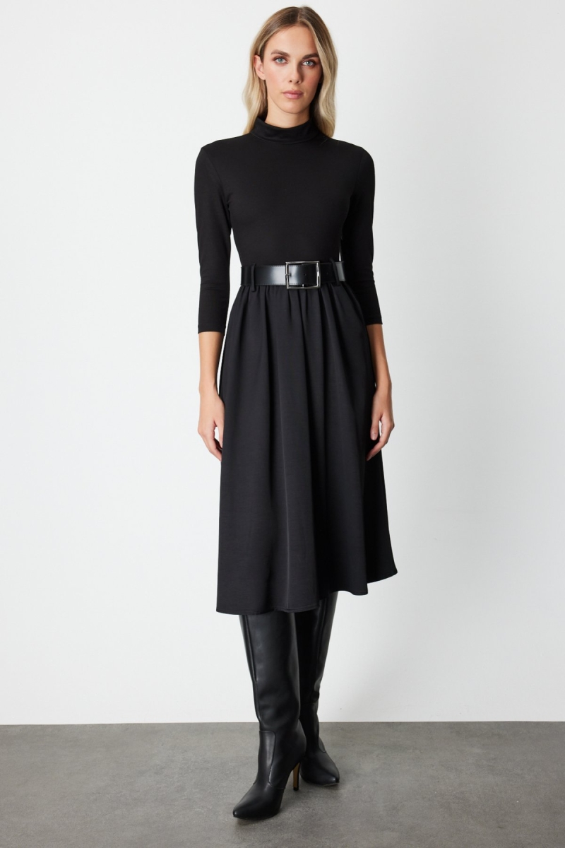 On Kadın Beli Kemerli Mix Kumaş Midi Elbise 64410 Siyah Siyah