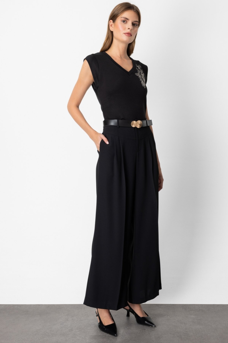 On Kadın Beli Kemerli Pileli Pantolon 64121 Siyah Siyah