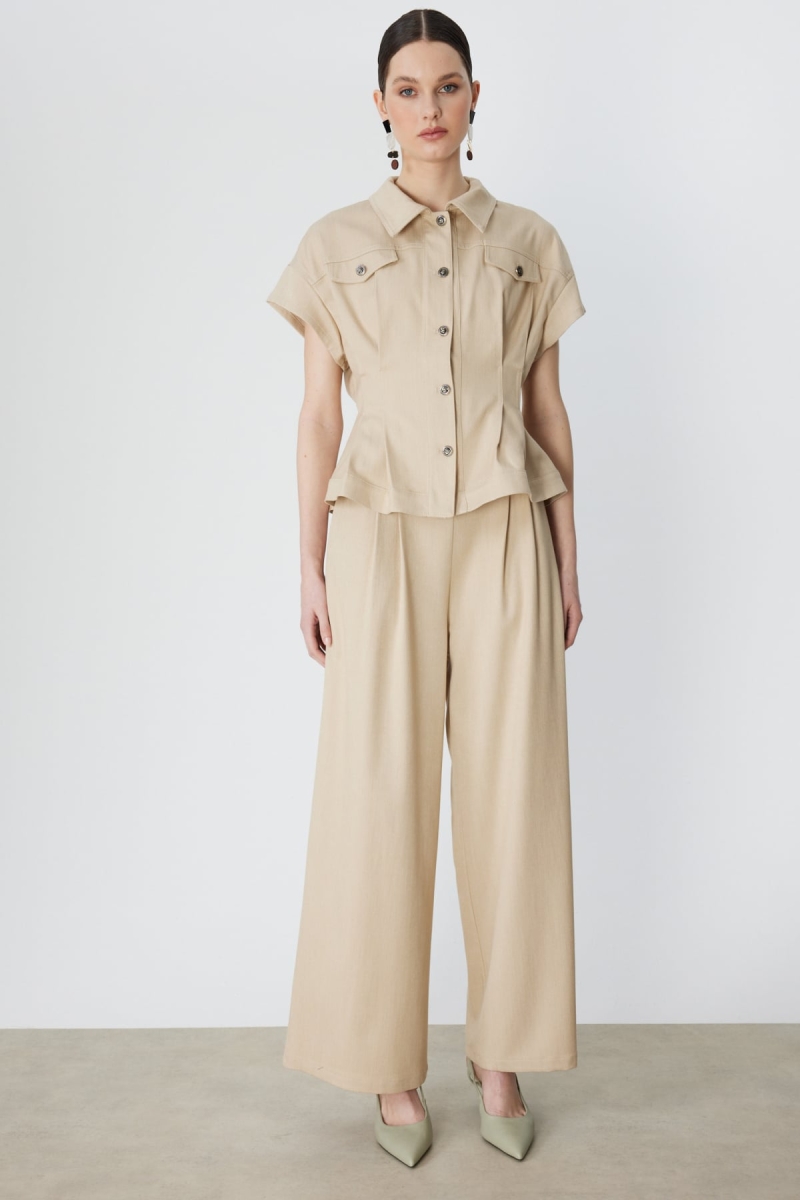 On Kadın Beli Lastikli Bol Paça Kumaş Pantolon 70701 Bej Bej