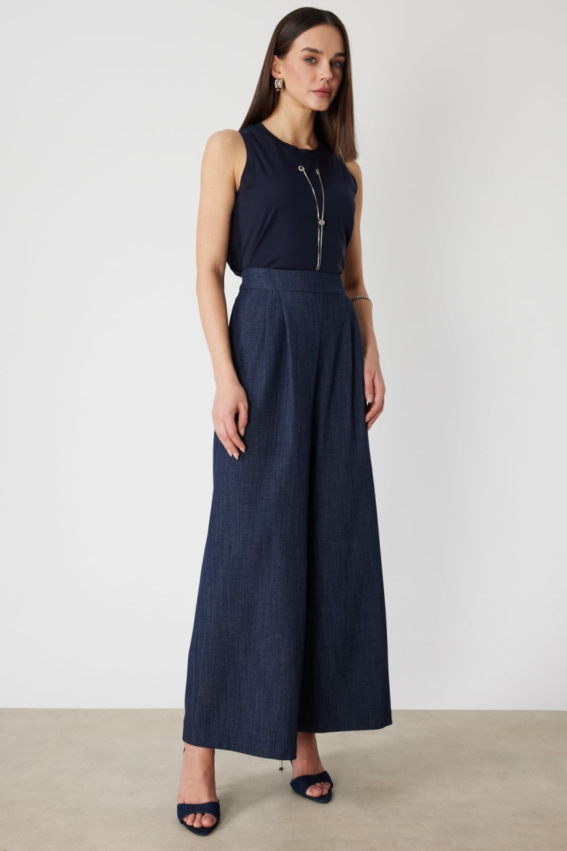 On Kadın Beli Lastikli Bol Paça Kumaş Pantolon 70701 Indigo Indigo