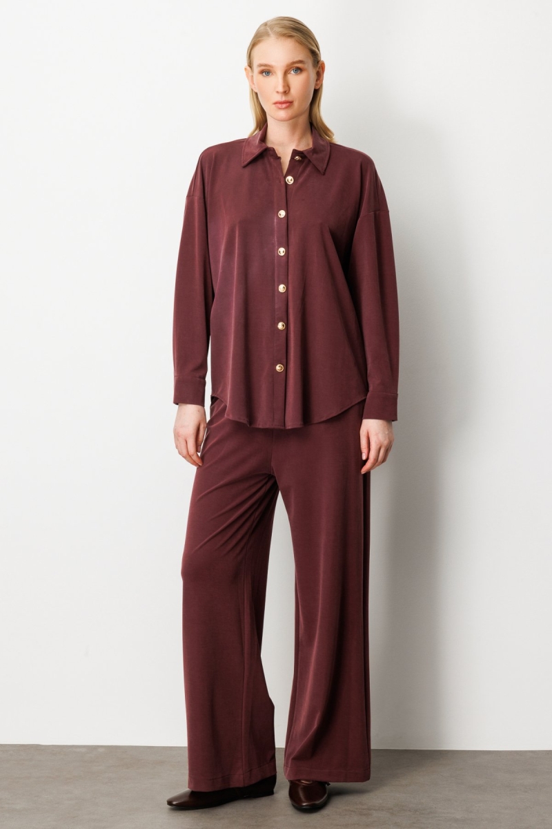 On Kadın Beli Lastikli Bol Paça Pantolon 66307 Bordo Bordo