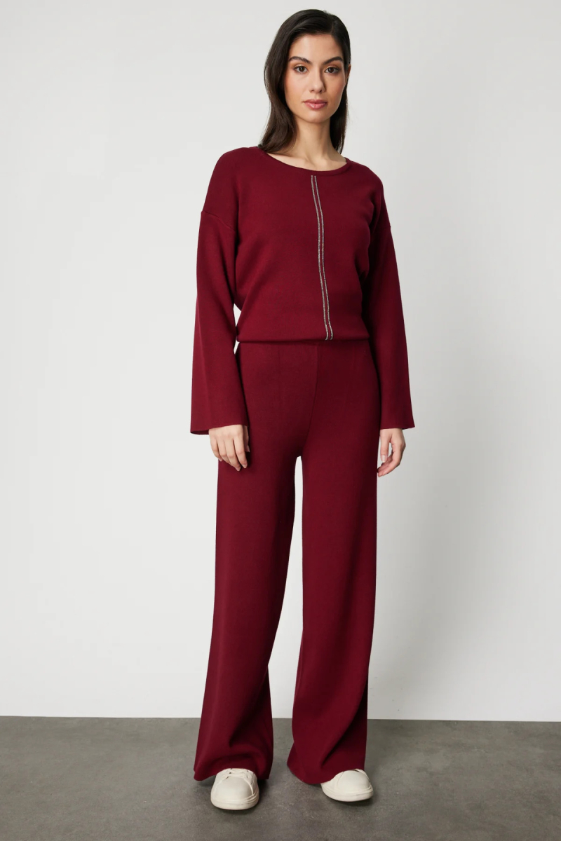 On Kadın Beli Lastikli Bol Paça Triko Pantolon 63321 Bordo Bordo
