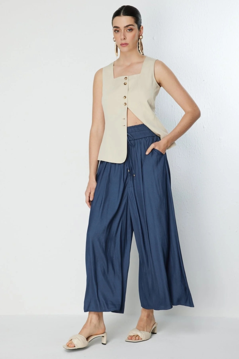 On Kadın Beli Lastikli Geniş Paça Pantolon 70136 Indigo Indigo