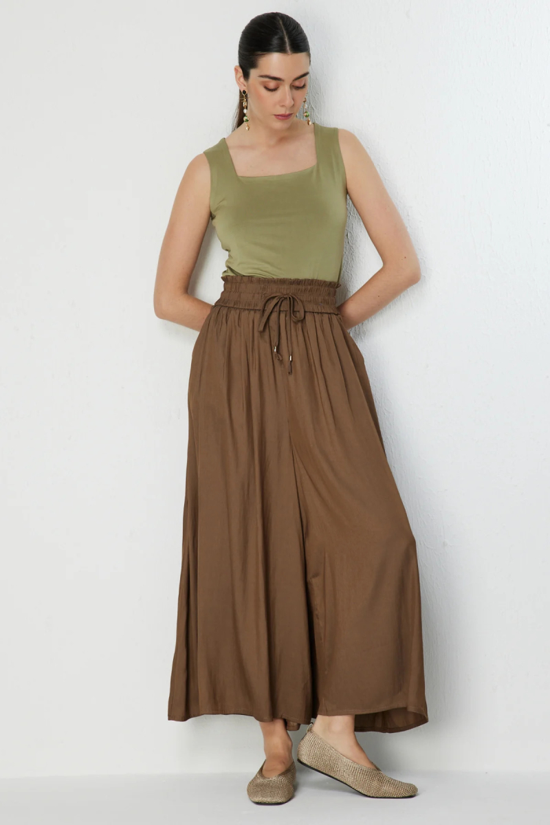 On Kadın Beli Lastikli Geniş Paça Pantolon 70136 Kahverengi Kahverengi