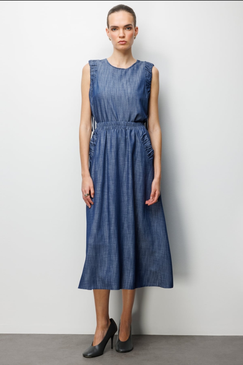 On Kadın Beli Lastikli Maxi Etek 74321 Indigo Indigo