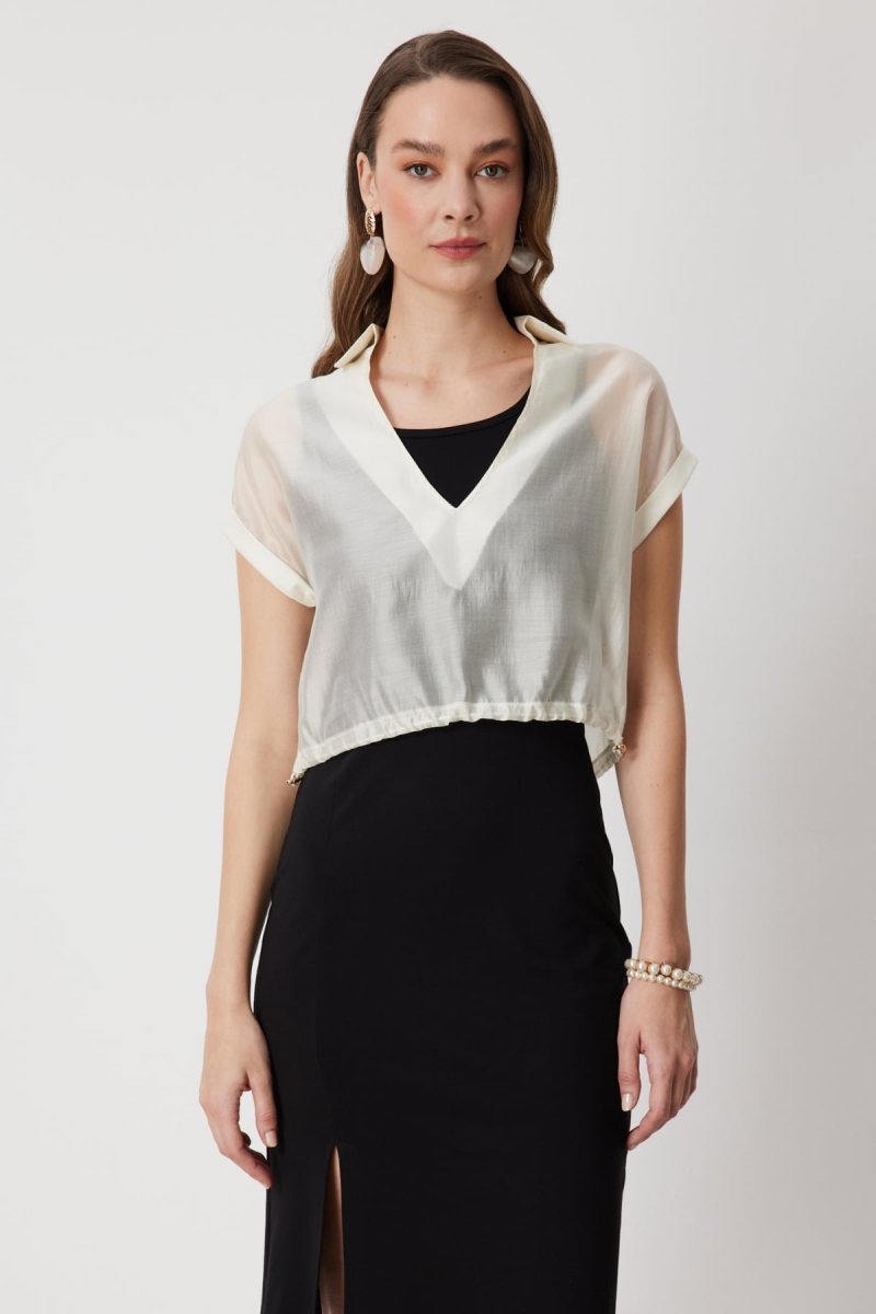 On Kadın Beli Lastikli Sırt Dekolteli Bluz 74347 Krem Krem