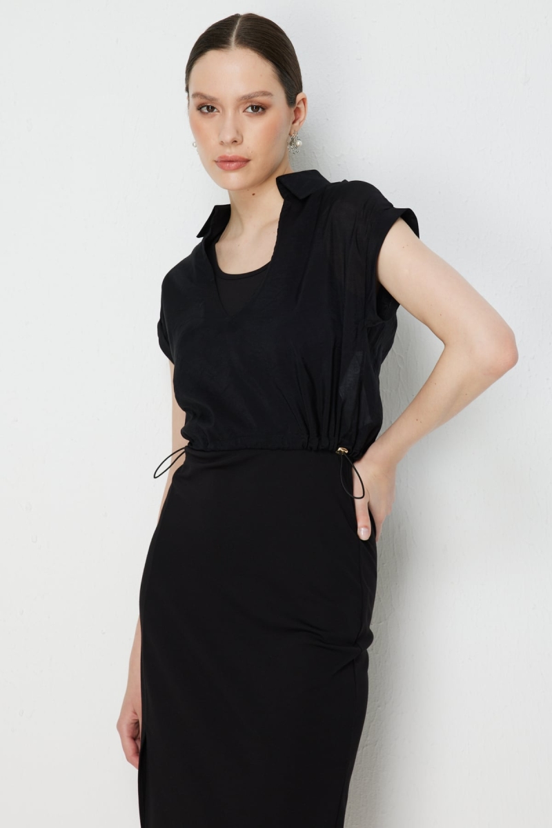 On Kadın Beli Lastikli Sırt Dekolteli Bluz 74347 Siyah Siyah
