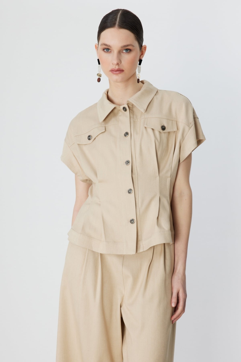 On Kadın Beli Pile Detaylı Kısa Kollu Mont 70700 Bej Bej