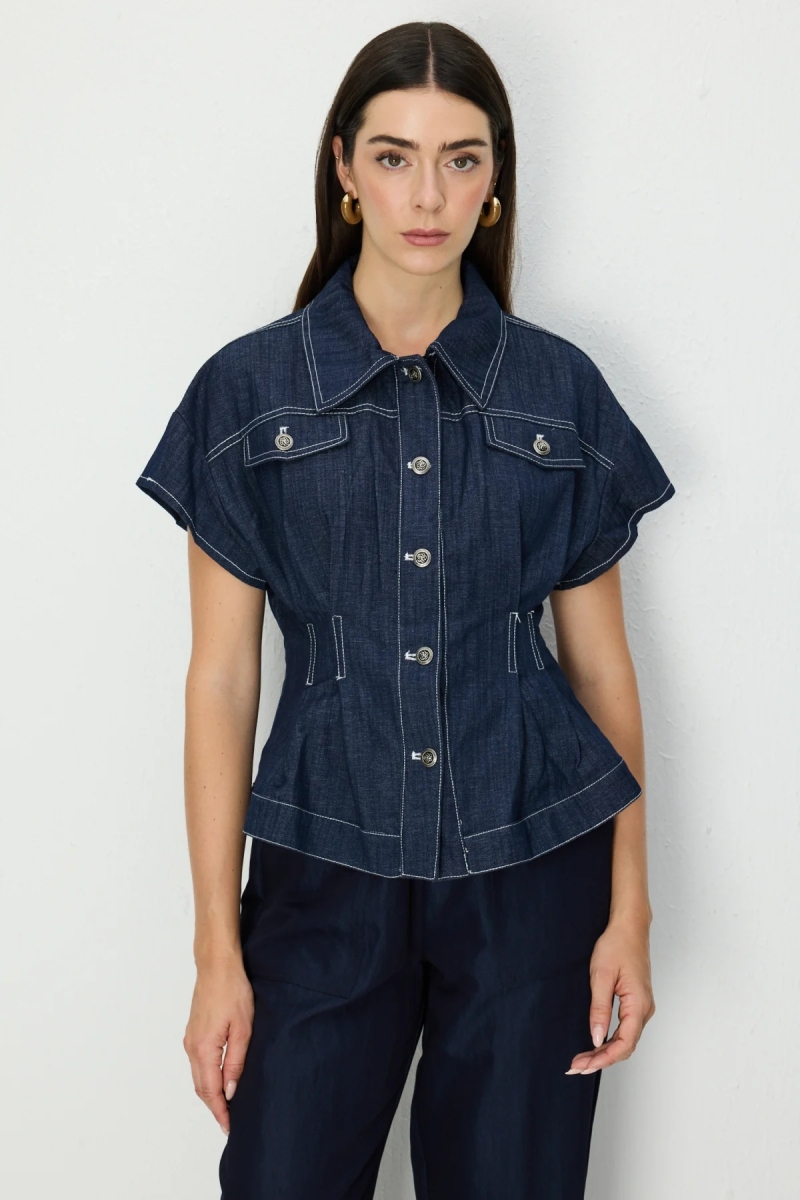 On Kadın Beli Pile Detaylı Kısa Kollu Mont 70700 Indigo Indigo
