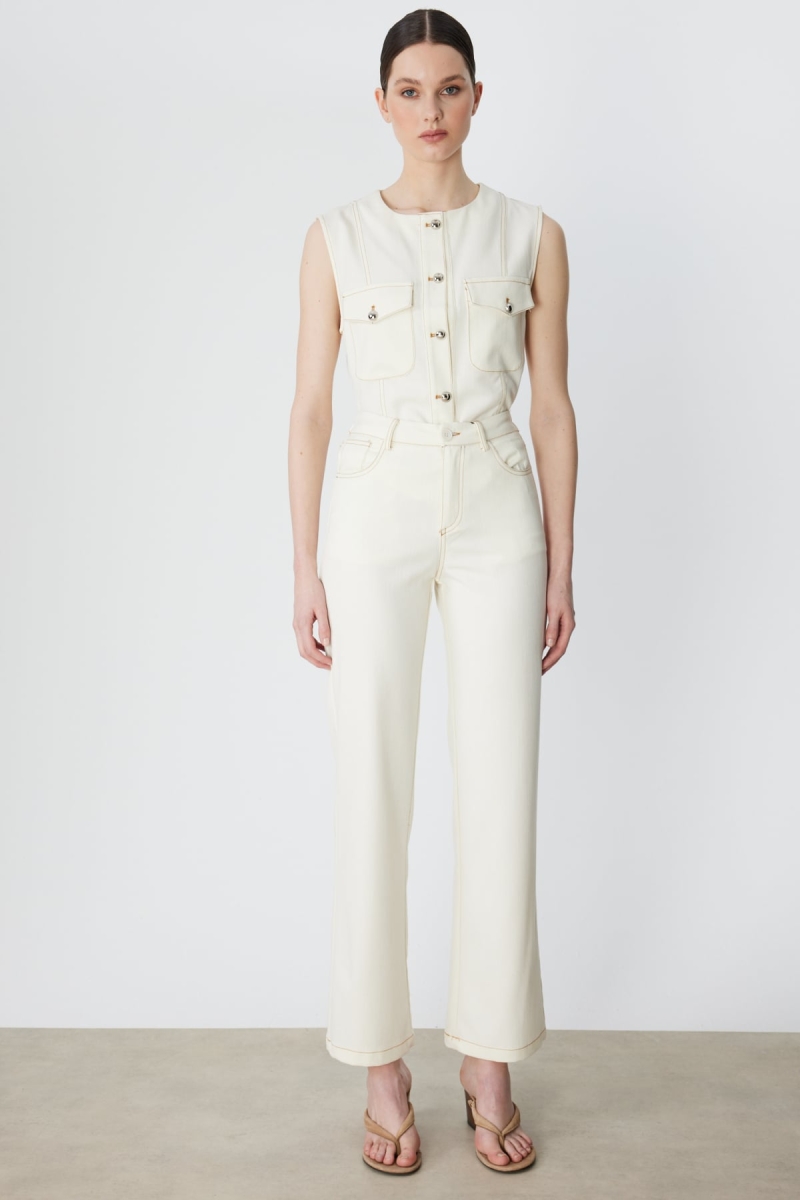 On Kadın Beş Cep Bol Paça Kot Pantolon 70904 Ekru Ekru