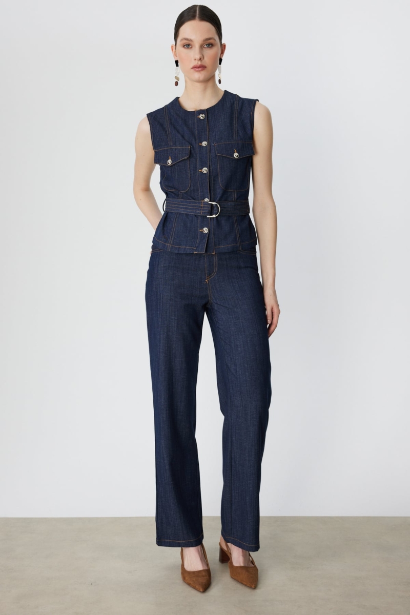 On Kadın Beş Cep Bol Paça Kot Pantolon 70904 Indigo Indigo