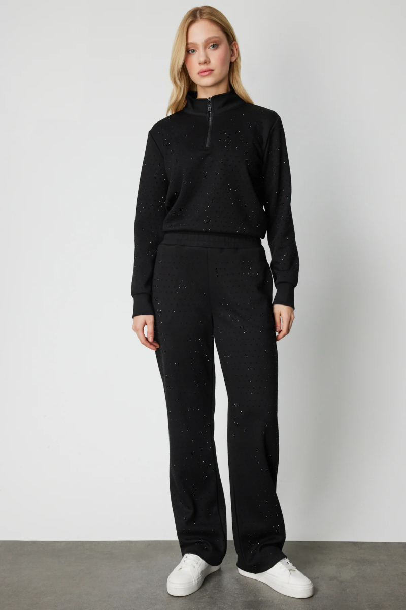 On Kadın Bol Paça Taşlı Eşofman Altı 66365 Siyah Siyah