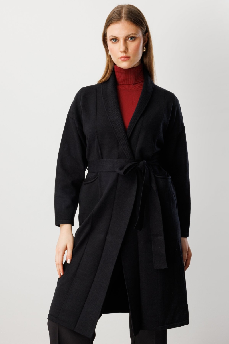 On Kadın Büyük Beden Beli Kuşaklı Şal Yaka Hırka 60900 Siyah Siyah