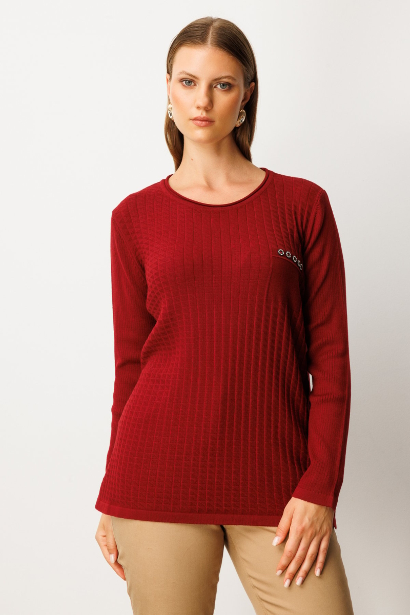 On Kadın Büyük Beden Cebi Taşlı Triko Kazak 65354 Bordo Bordo