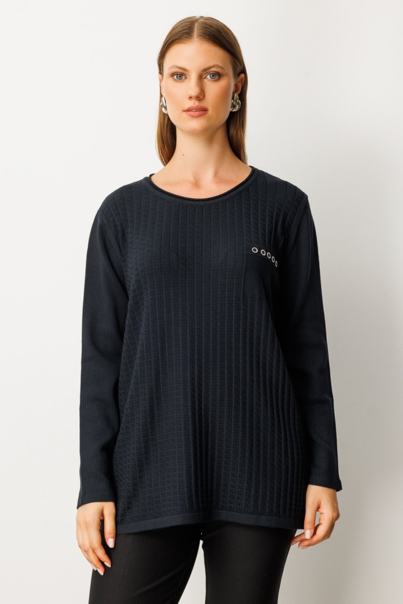 On Kadın Büyük Beden Cebi Taşlı Triko Kazak 65354 Siyah Siyah