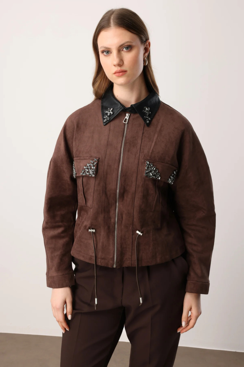 On Kadın Büyük Beden Cepleri Taş Detaylı Süet Mont 60714 Kahverengi Kahverengi