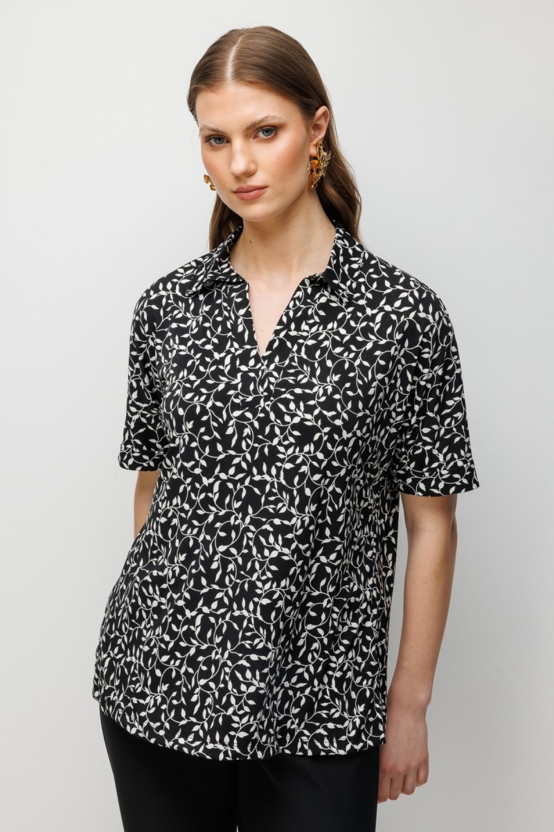 On Kadın Büyük Beden Desenli Kısa Kollu Bluz 71338 Siyah-Ekru SİYAH-EKRU