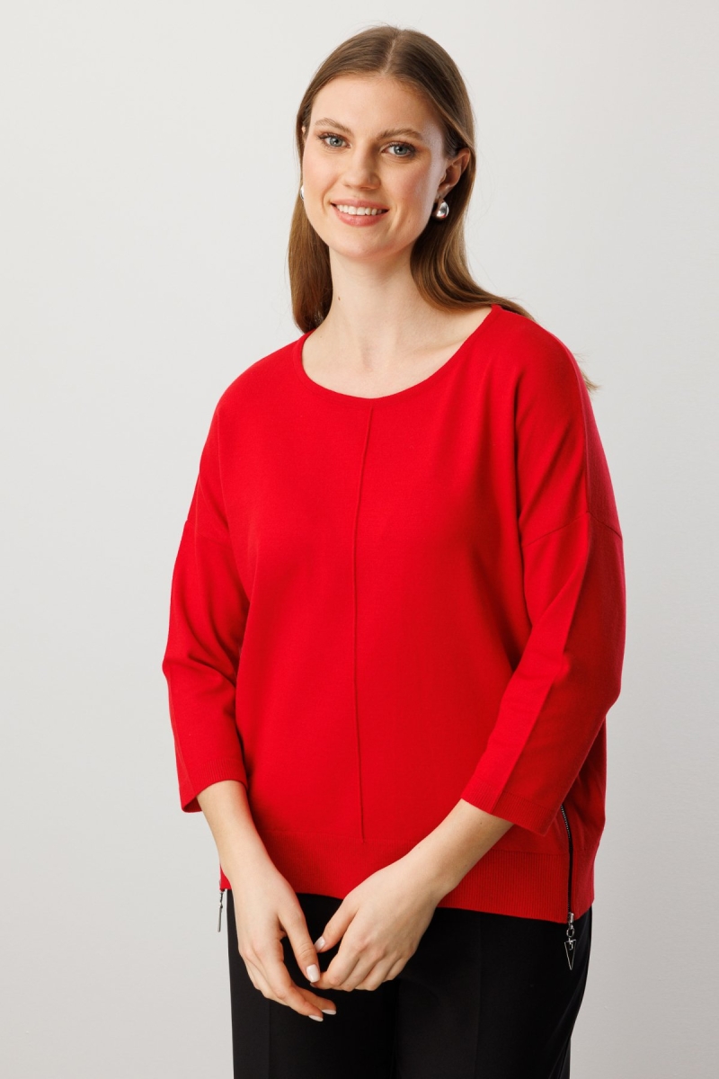 On Kadın Büyük Beden Fermuar Detaylı Triko Kazak 65389 Kırmızı Kırmızı