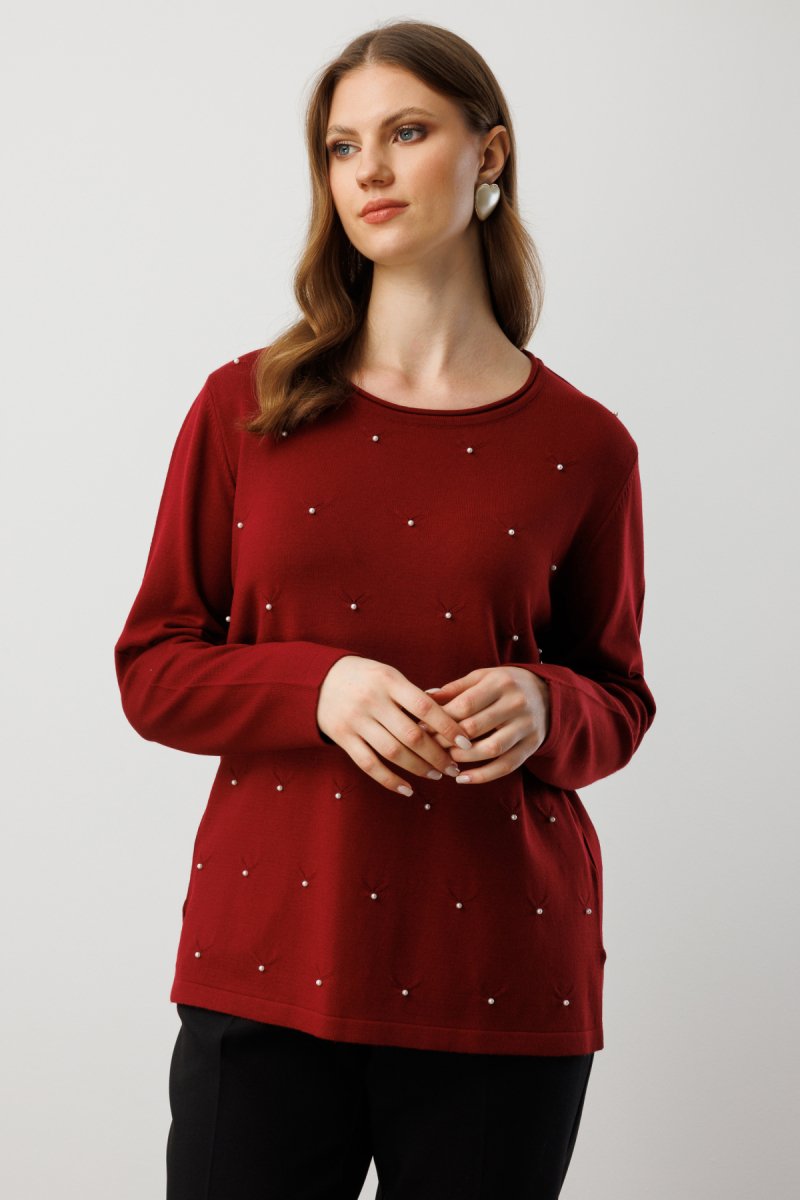 On Kadın Büyük Beden İnci Detaylı Triko Kazak 65371 Bordo Bordo
