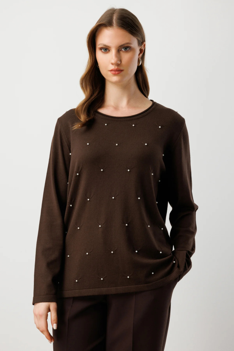 On Kadın Büyük Beden İnci Detaylı Triko Kazak 65371 Kahverengi Kahverengi