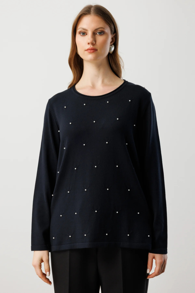 On Kadın Büyük Beden İnci Detaylı Triko Kazak 65371 Siyah Siyah